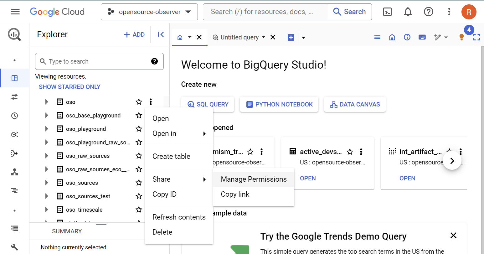 Open BigQuery permissions